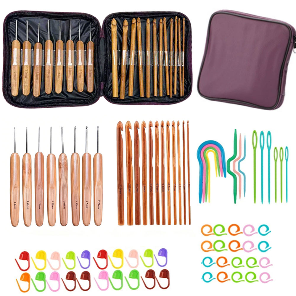 Sewing - 74pcs Bamboo Crochet Hooks Set Yarn