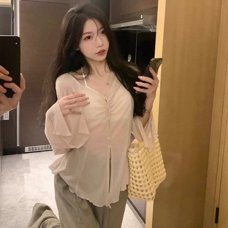 Embroidery - Sheer Flare Sleeve Blouse - Y2K