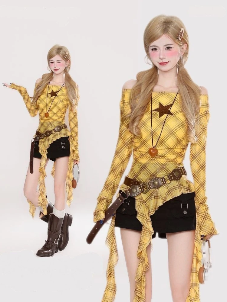 Y2K Plaid Slash Neck Vintage T - Embroidery ulasan dan harga