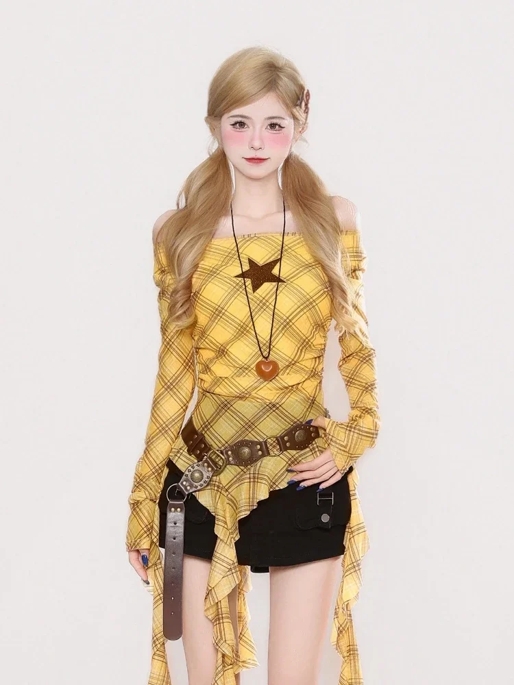 Y2K Plaid Slash Neck Vintage T - Embroidery ulasan dan harga