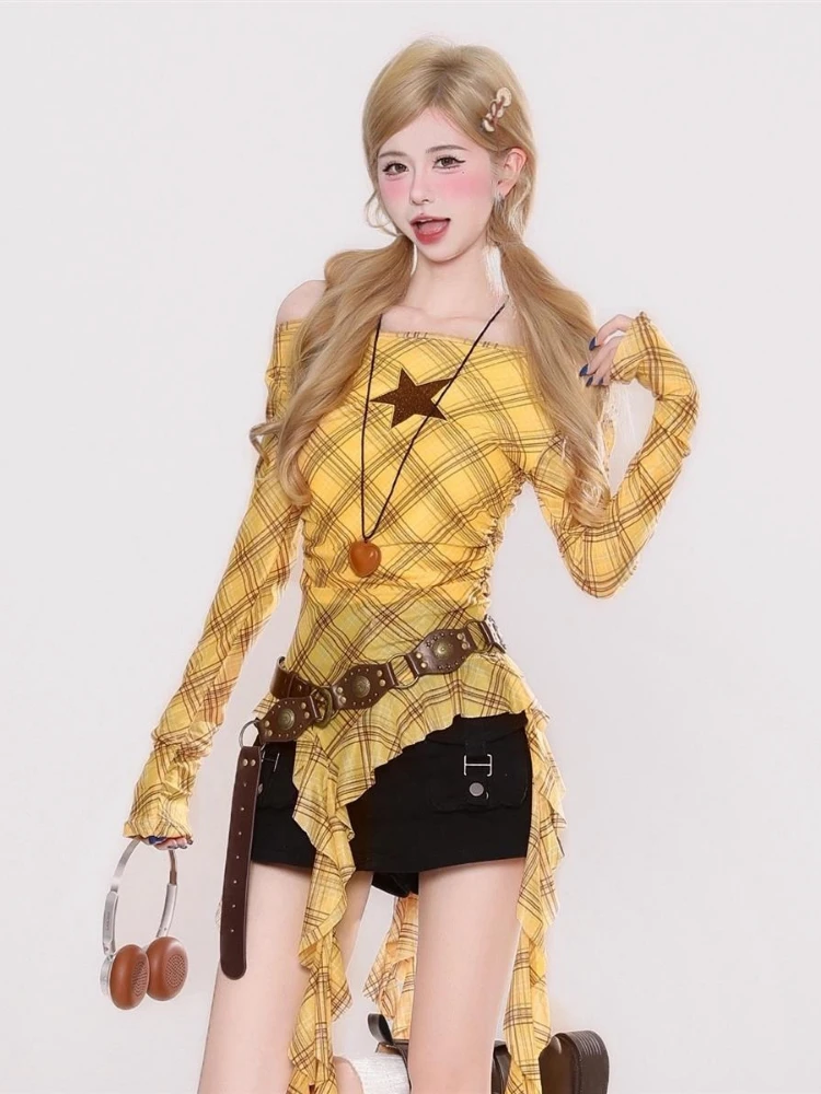 Y2K Plaid Slash Neck Vintage T - Embroidery ulasan dan harga