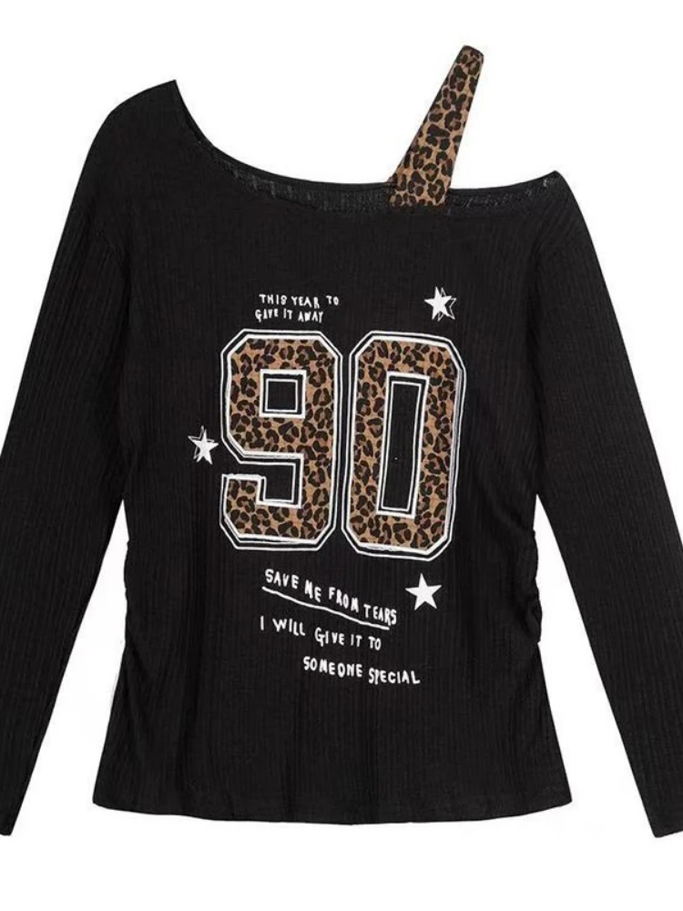 Y2K Patchwork Leopard Print T- - Embroidery ulasan dan harga
