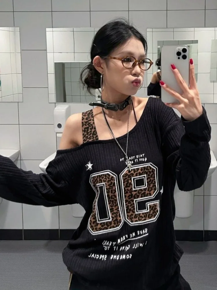 Y2K Patchwork Leopard Print T- - Embroidery ulasan dan harga